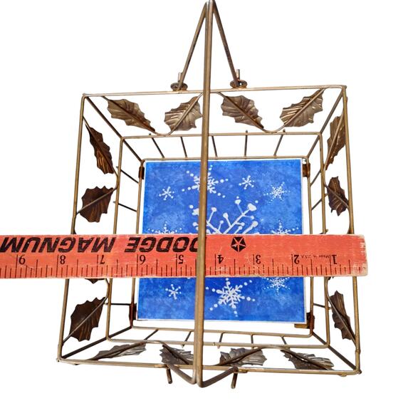 💙❄️Metal Square Basket Gold Holly Leaves & Blue Snowflake Tile Insert - Picture 8 of 12